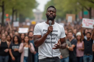 Chanteur américain engagé sur scène lors d'un rassemblement pour la justice sociale, microphone en main devant une foule diverse tenant des pancartes