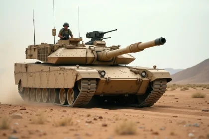Char M1A1 Abrams en terrain désertique, vue grand angle basse en angle avant gauche montrant l'armure composite et le canon de 120mm