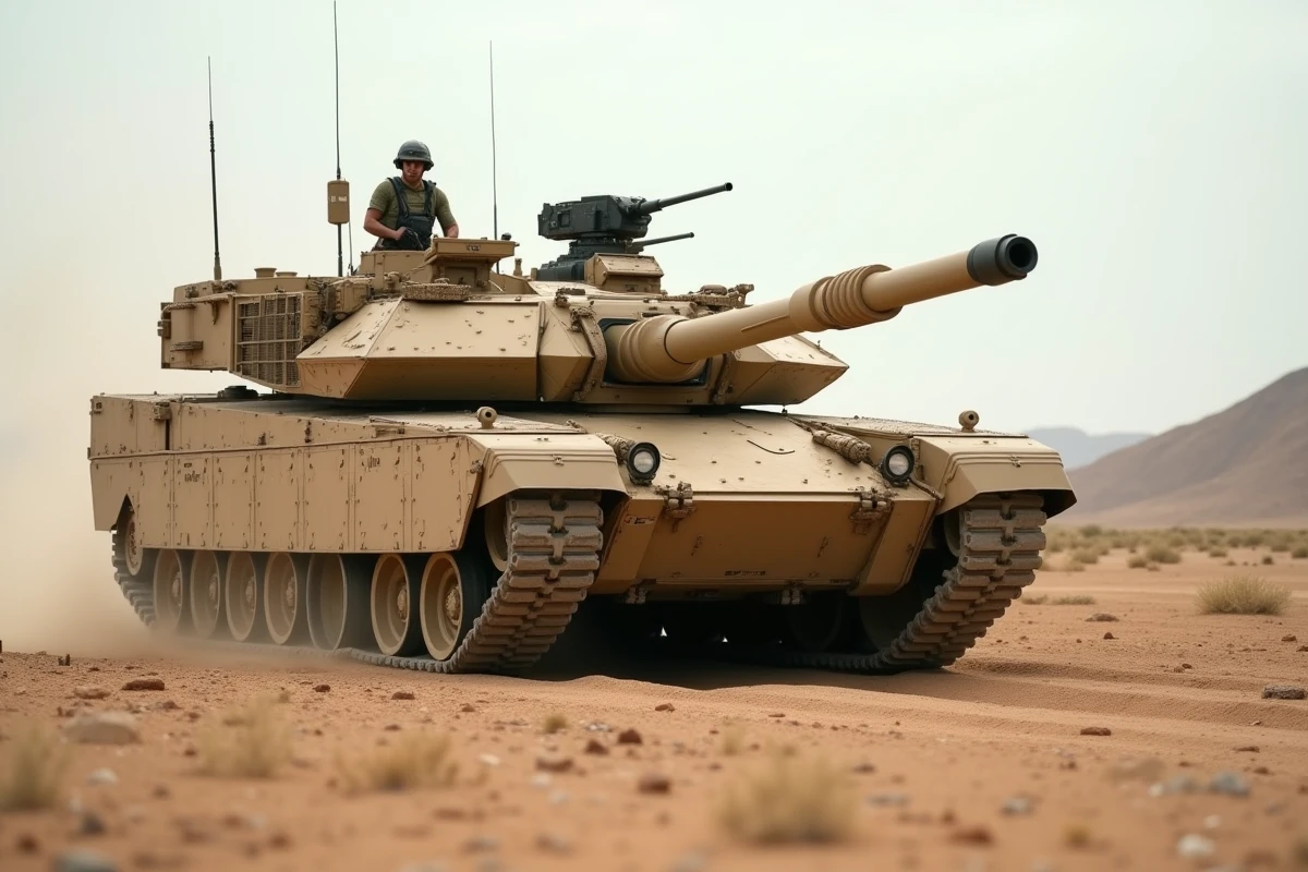 Char M1A1 Abrams en terrain désertique, vue grand angle basse en angle avant gauche montrant l'armure composite et le canon de 120mm