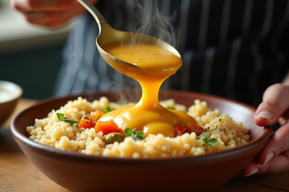 Chef versant une sauce chaude sur couscous dans un bol rustique