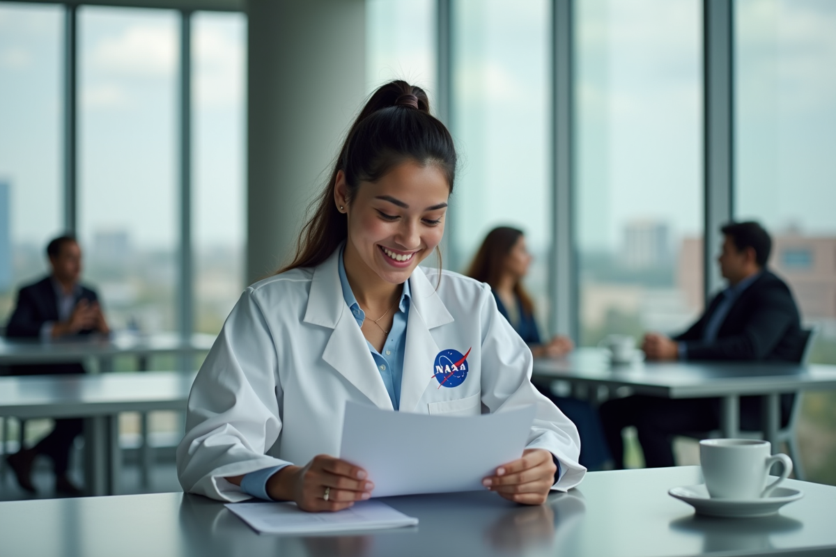 Chercheuse NASA femme en blouse blanche dans espace de pause
