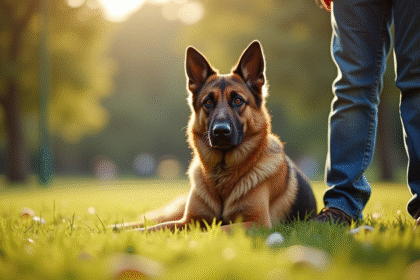 Chien berger allemand malinois assis dans un parc ensoleille