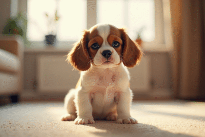 Miniature cavalier king charles puppy assis dans un salon lumineux