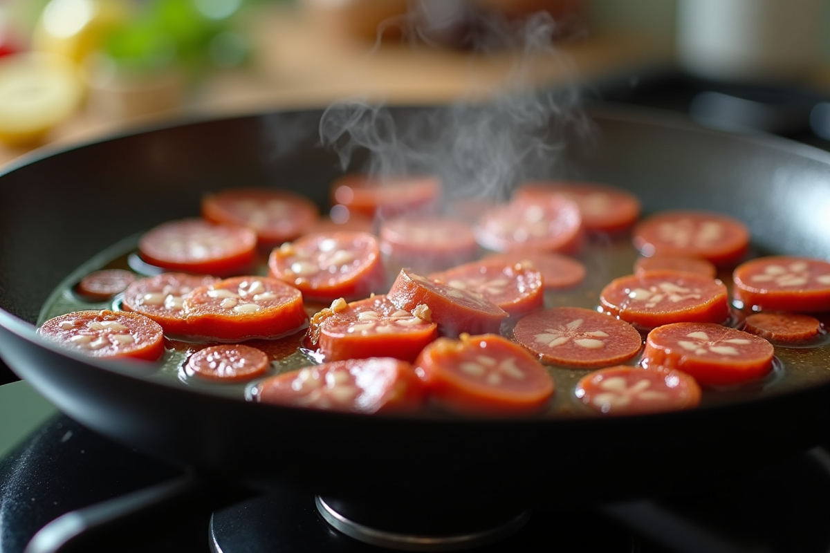 Chorizo en train de cuire dans une poêle moderne