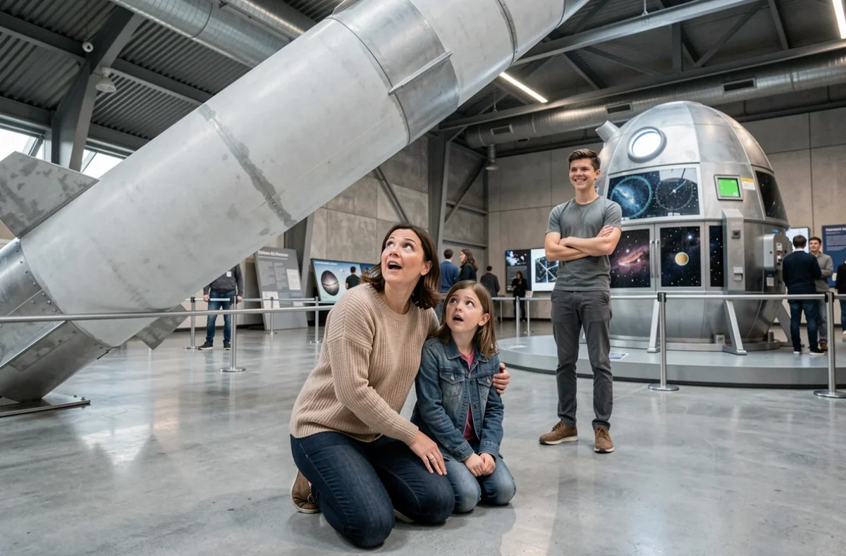 Mère et enfants admirant une fusée grandeur nature à la Cité de l'Espace de Toulouse