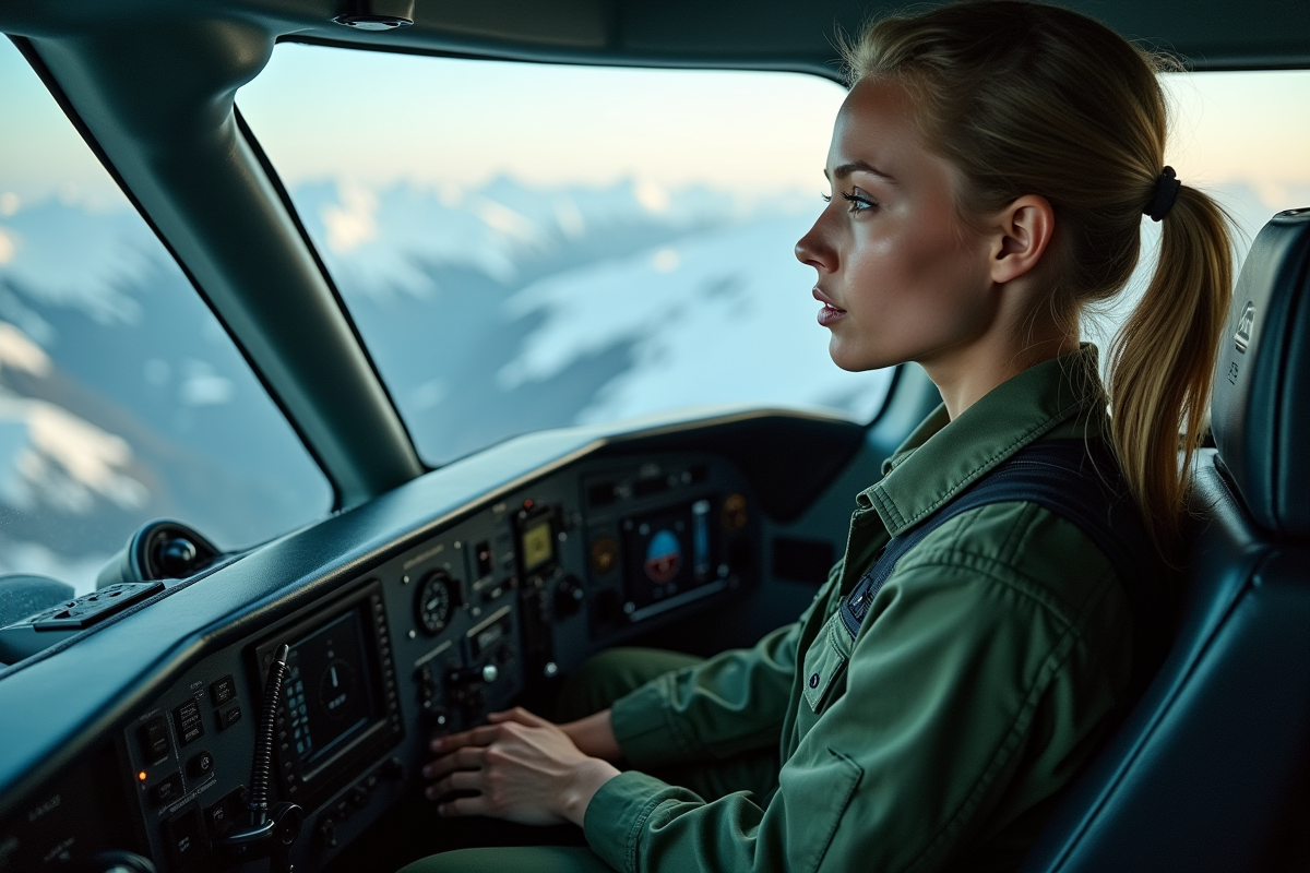 Jeune pilote femme dans le cockpit d