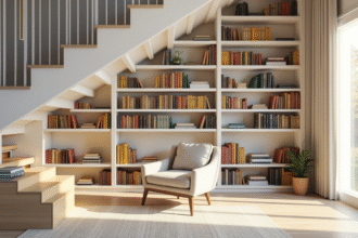 Coin lecture cosy sous un escalier moderne avec étagères colorées