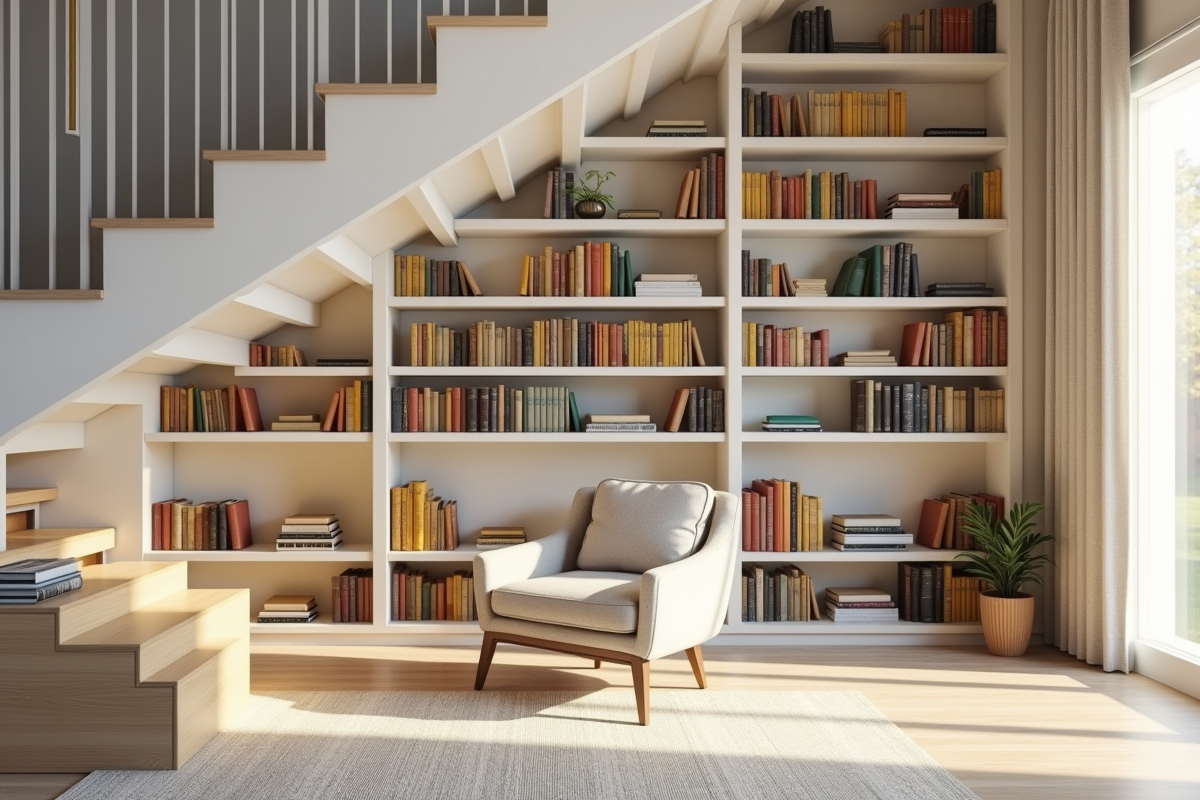 Coin lecture cosy sous un escalier moderne avec étagères colorées