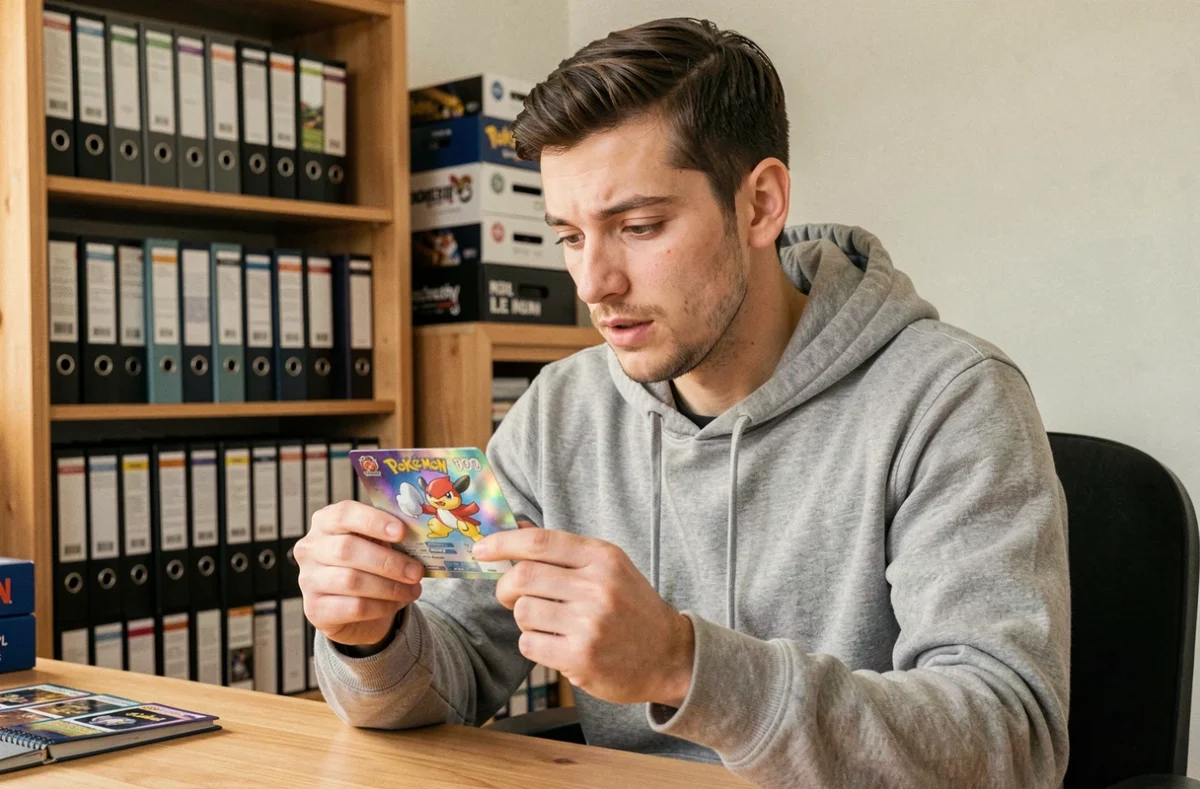 Jeune collectionneur examinant une carte Pokémon avec attention, avis acheteur cartespokemon.com
