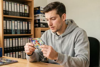 Jeune collectionneur examinant une carte Pokémon avec attention, avis acheteur cartespokemon.com