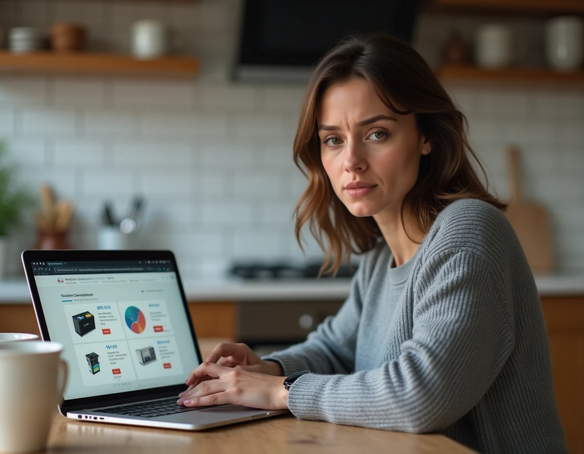 Femme comparant les prix de cartouches d'encre en ligne depuis son domicile face à l'inflation 2026