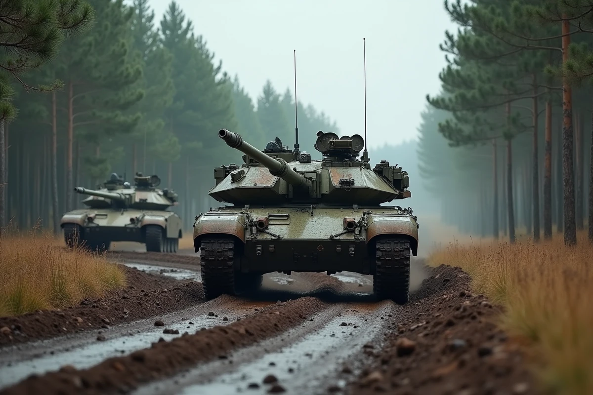 Convoi de deux chars M1A1 Abrams progressant sur un chemin boueux en forêt de pins, chenilles recouvertes de boue lors d'un exercice de l'OTAN