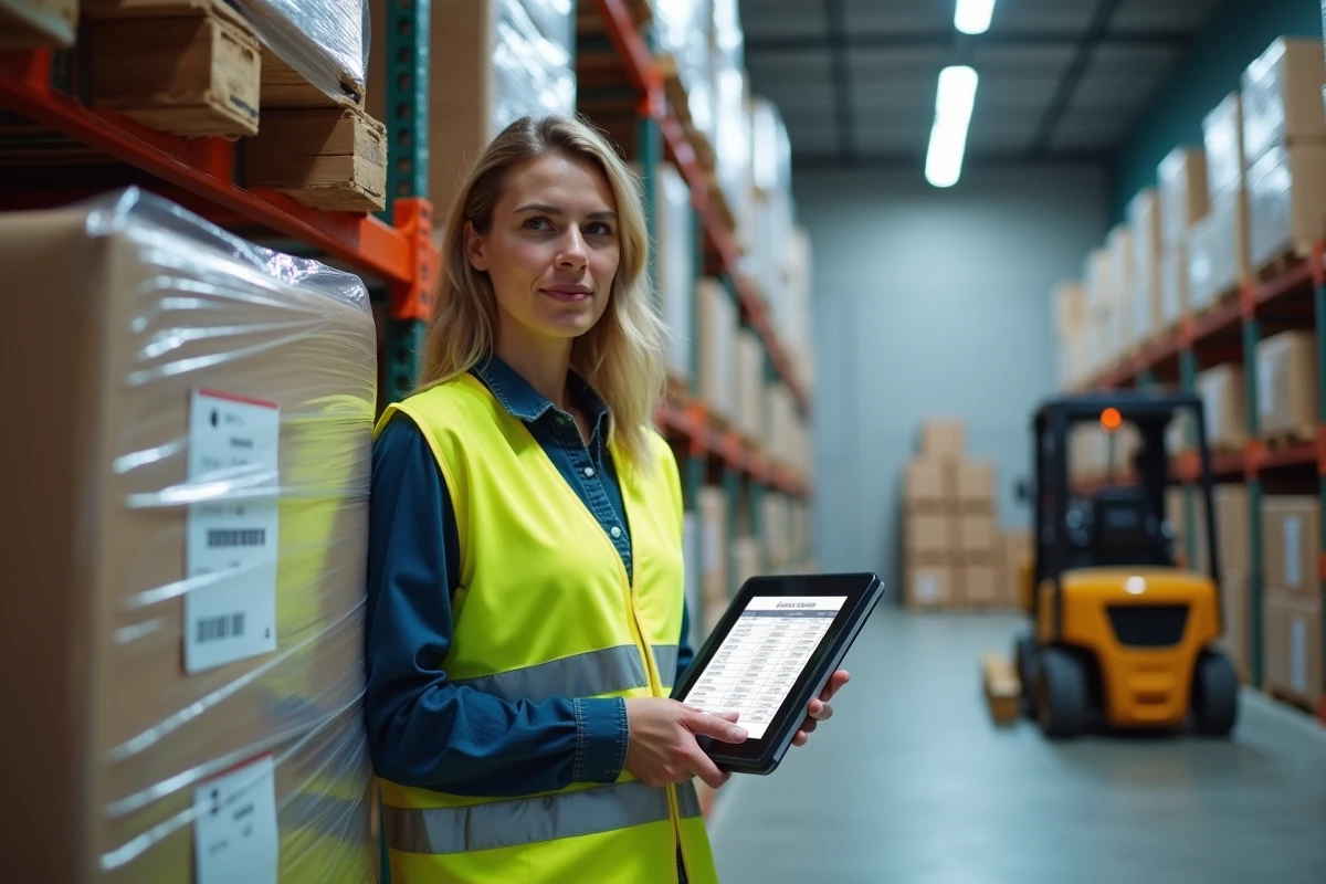 Coordinatrice transport consultant un convertisseur de poids sur tablette dans un entrepôt de distribution