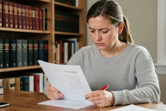 Femme relisant un document en français à la recherche de fautes d'orthographe grammaticales autour du mot parenthèse