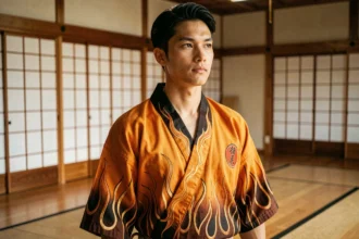 Cosplayeur en costume de Rengoku dans un dojo japonais traditionnel, idéal pour un guide Demon Slayer débutants
