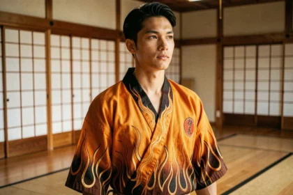 Cosplayeur en costume de Rengoku dans un dojo japonais traditionnel, idéal pour un guide Demon Slayer débutants