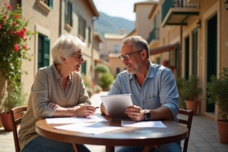 Couple discutant à un café en village méditerranéen