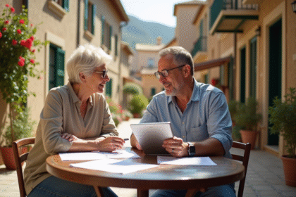 Couple discutant à un café en village méditerranéen