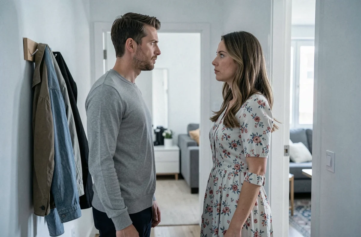 Couple face à face dans un couloir d'appartement moderne, expression tendue évoquant une conversation difficile et une relation compliquée