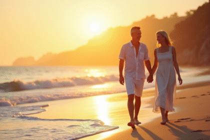 Couple mature main dans la main sur une plage tropicale ensoleillée