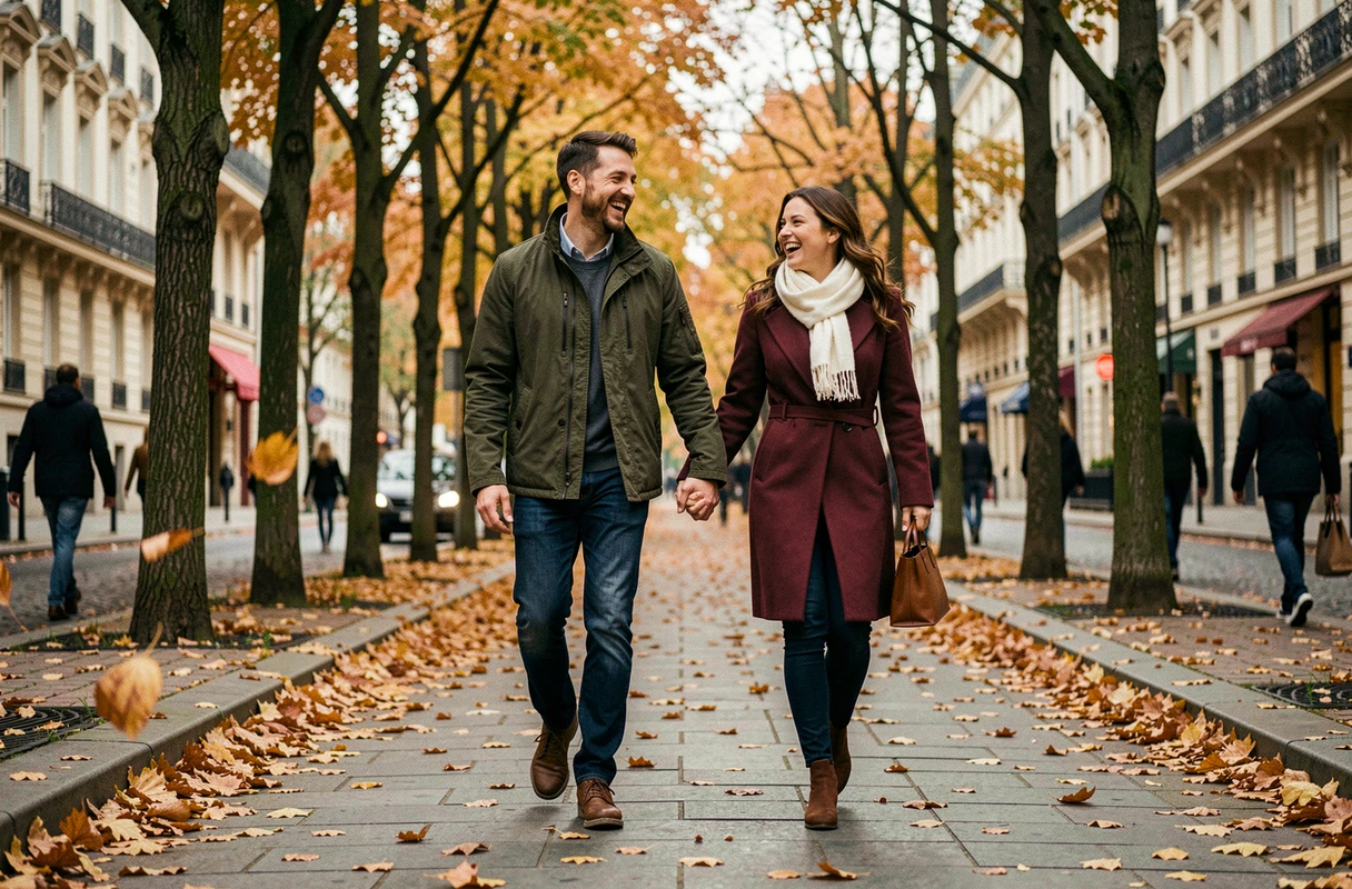 Couple amoureux se promenant main dans la main sur un boulevard parisien en automne
