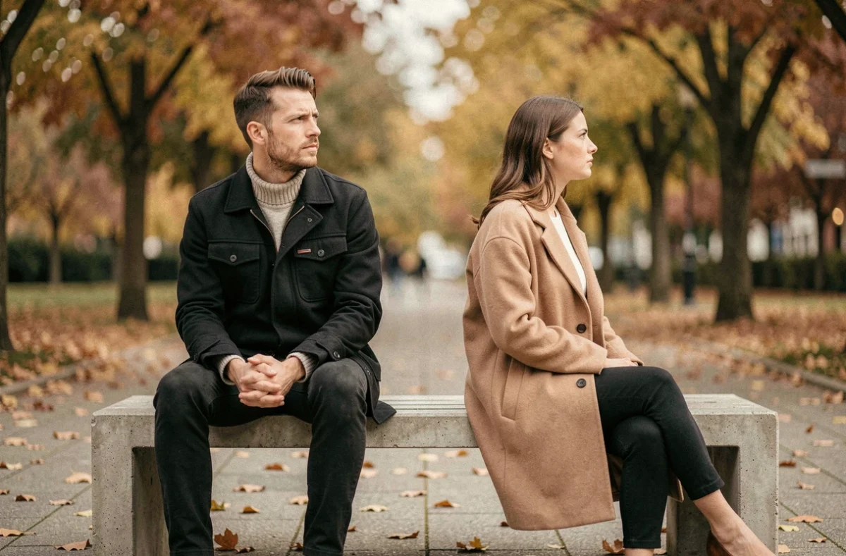 Couple séparé sur un banc urbain en automne, ambiance mélancolique évoquant une rupture amoureuse