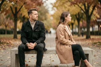 Couple séparé sur un banc urbain en automne, ambiance mélancolique évoquant une rupture amoureuse
