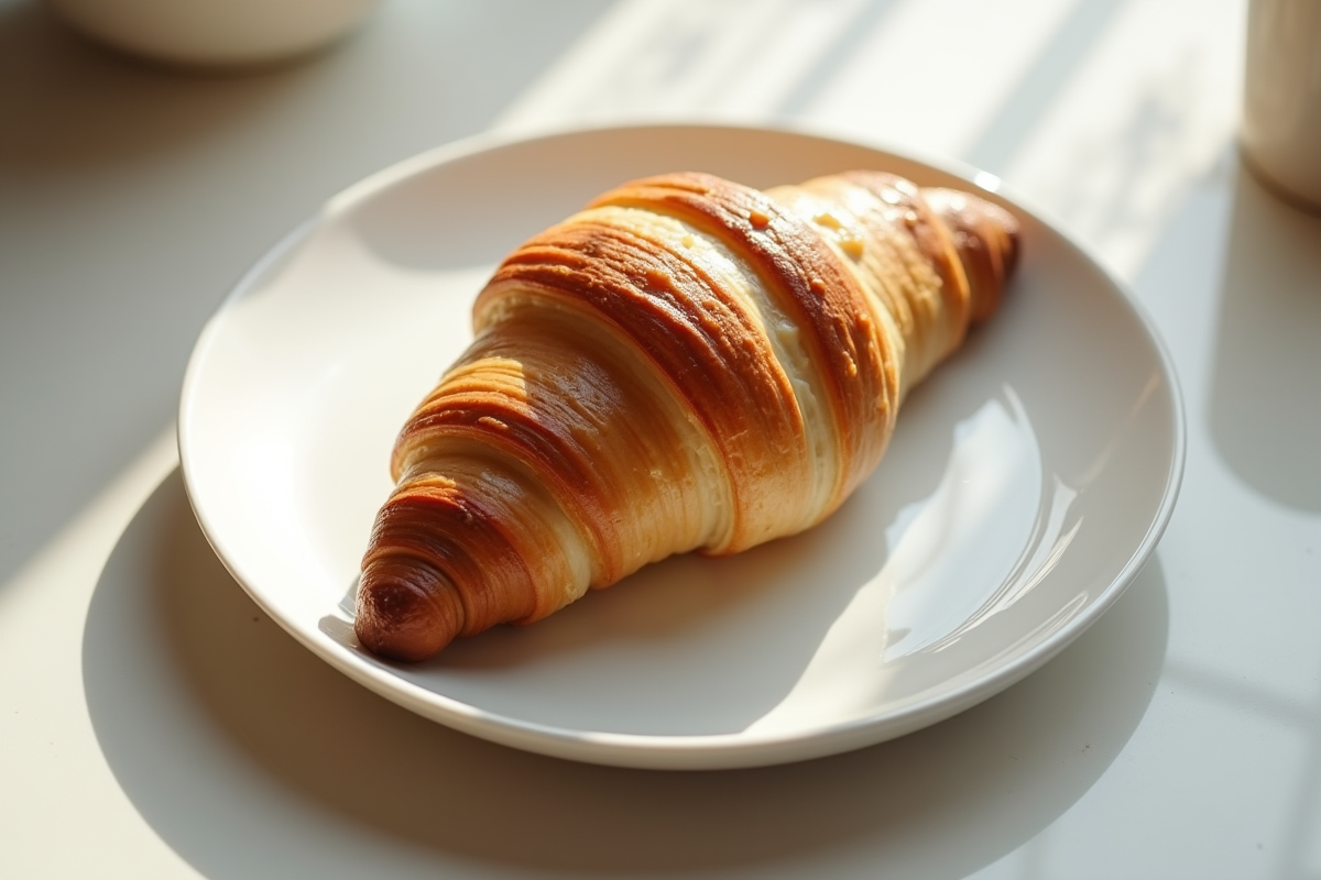 Croissant beurré sur une assiette blanche en lumière naturelle