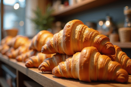 Croissants beurrés empilés sur un comptoir en bois en matinée