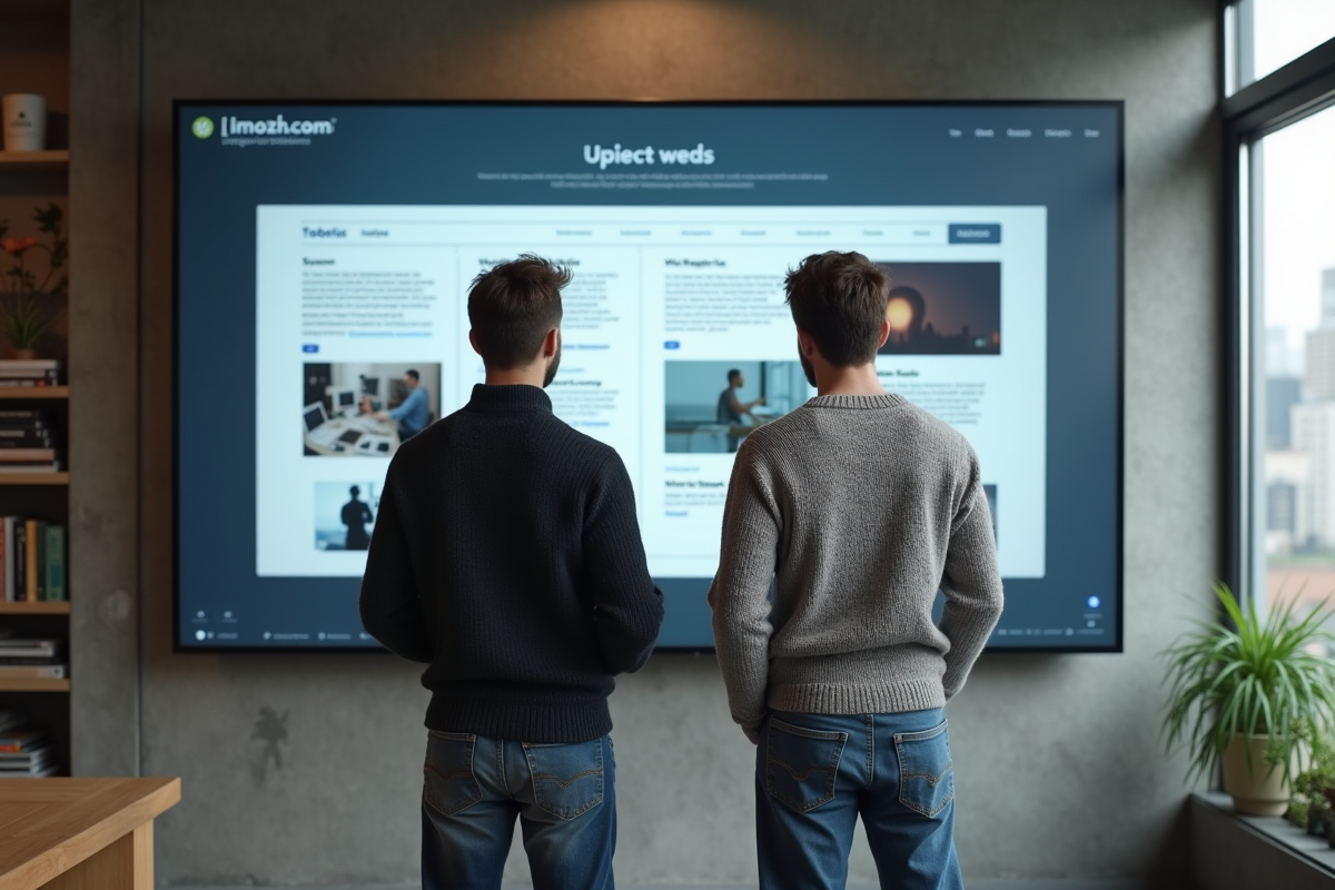 Deux hommes concepteurs web analysant des interfaces sur un écran tactile
