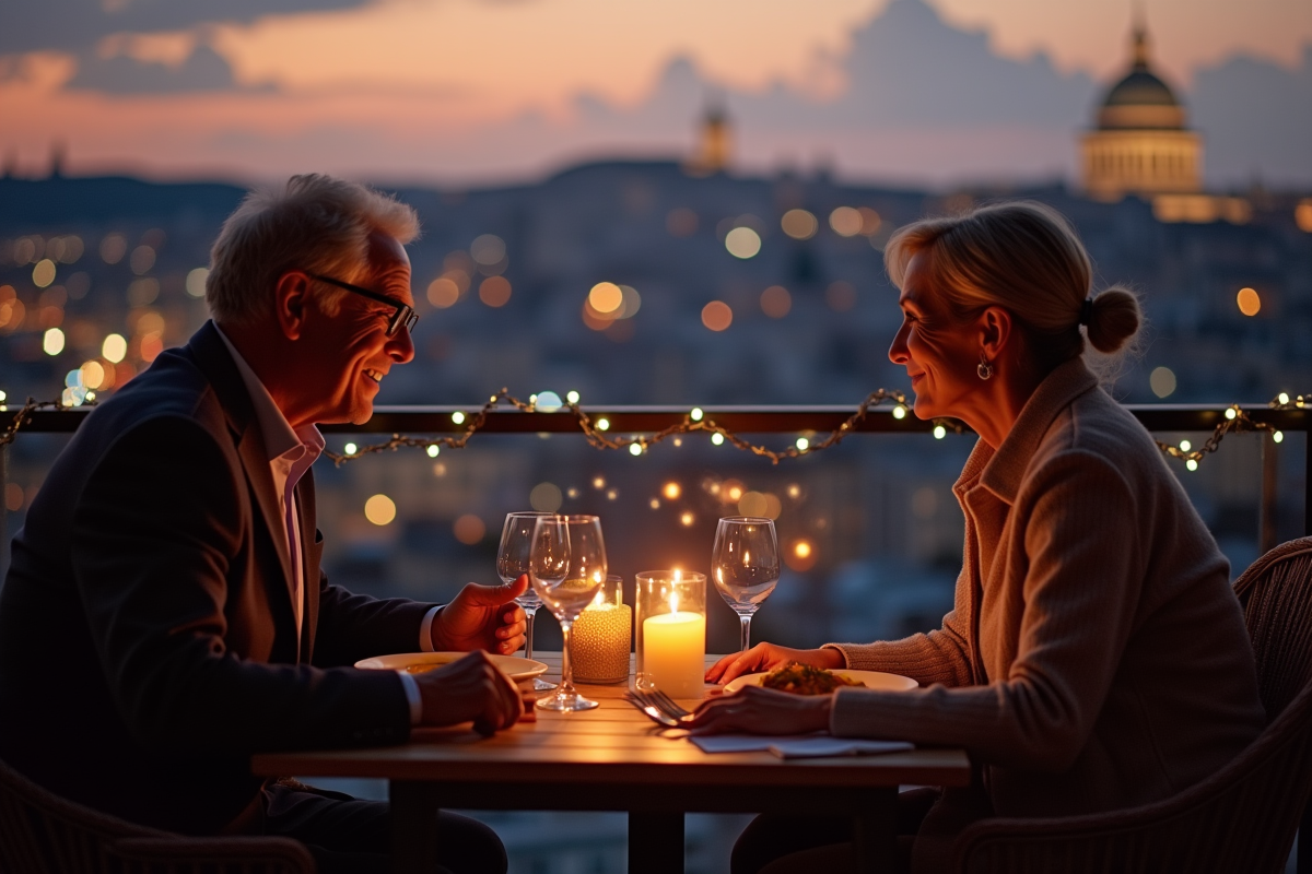 Couple dans la cinquantaine dînant au candlelight avec vue sur la ville