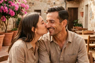 Couple se murmurant des mots tendres en espagnol sur une terrasse ensoleillée en Espagne