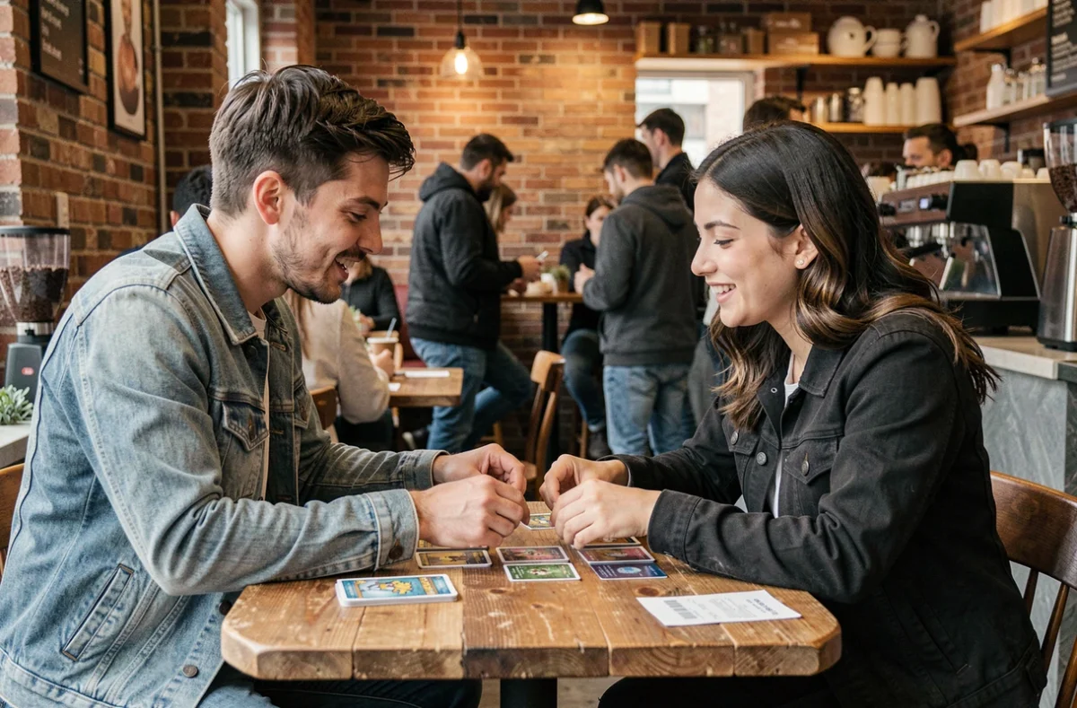 Deux collectionneurs discutant de leurs achats de cartes Pokémon dans un café, retours d'expérience acheteurs