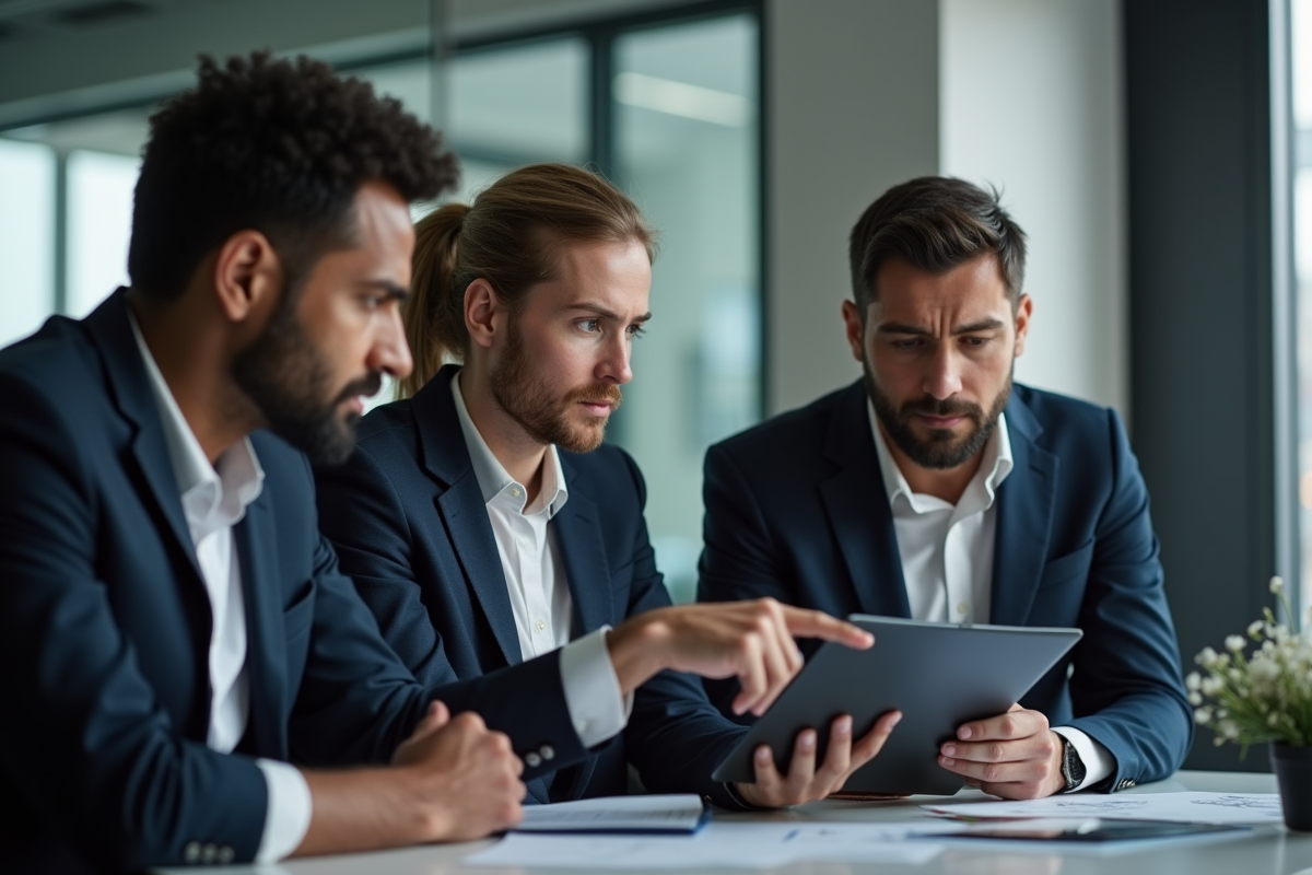 Groupe de professionnels discutant avec graphique en baisse