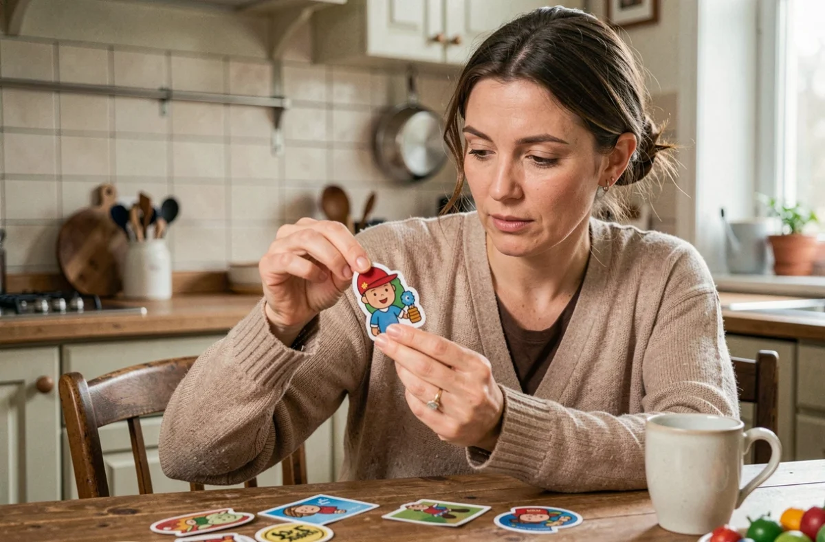 Femme examinant une vignette Intermarché sur une table en bois dans une cuisine française