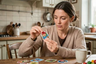 Femme examinant une vignette Intermarché sur une table en bois dans une cuisine française