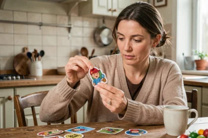 Femme examinant une vignette Intermarché sur une table en bois dans une cuisine française