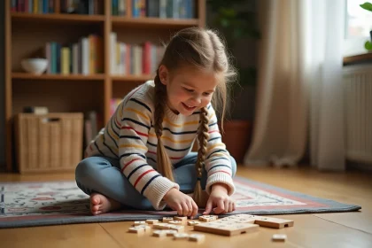 Jeune fille apprenant les mots du Scrabble avec des lettres colorées sur un plateau en bois dans un salon chaleureux
