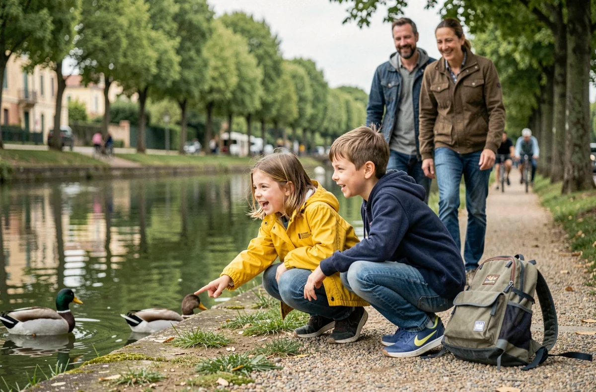 Enfants observant les canards au bord du Canal du Midi à Toulouse avec leurs parents