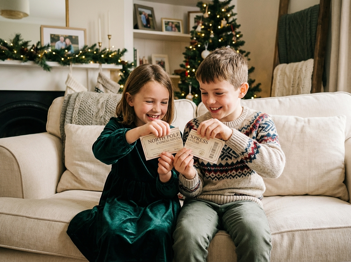 Enfants heureux déballant des billets pour une expérience de Noël