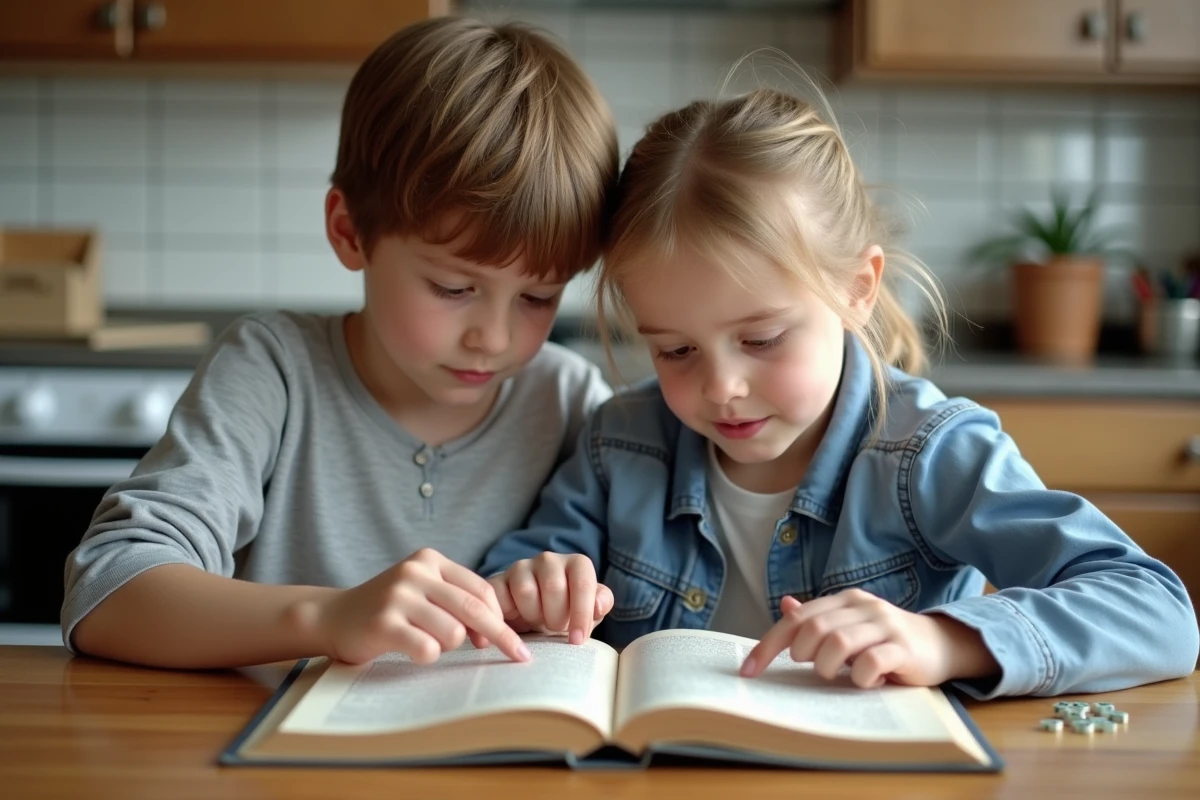 Deux enfants consultant un dictionnaire du Scrabble ensemble à la maison pour apprendre les mots acceptés