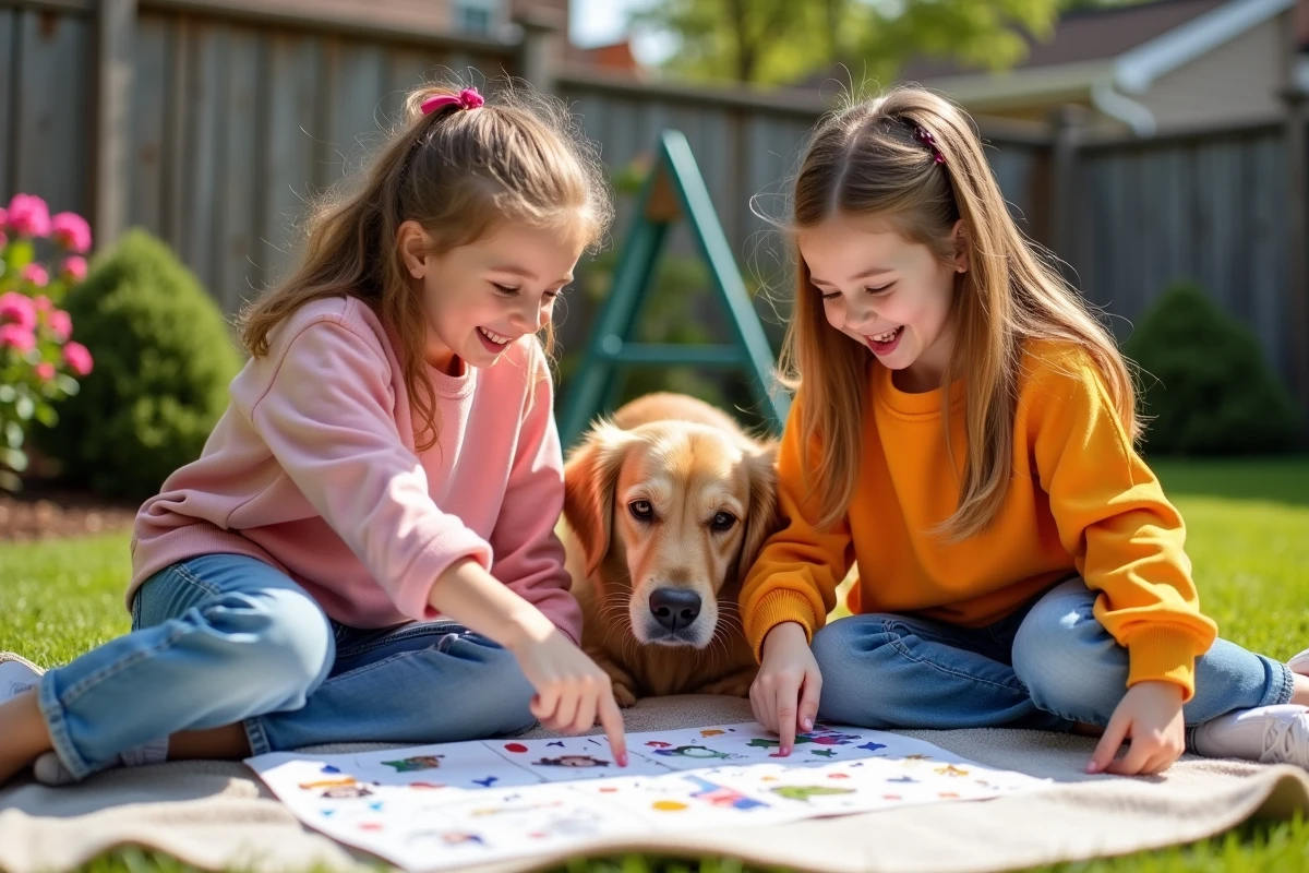 Deux filles jouant à un puzzle dans le jardin ensoleille