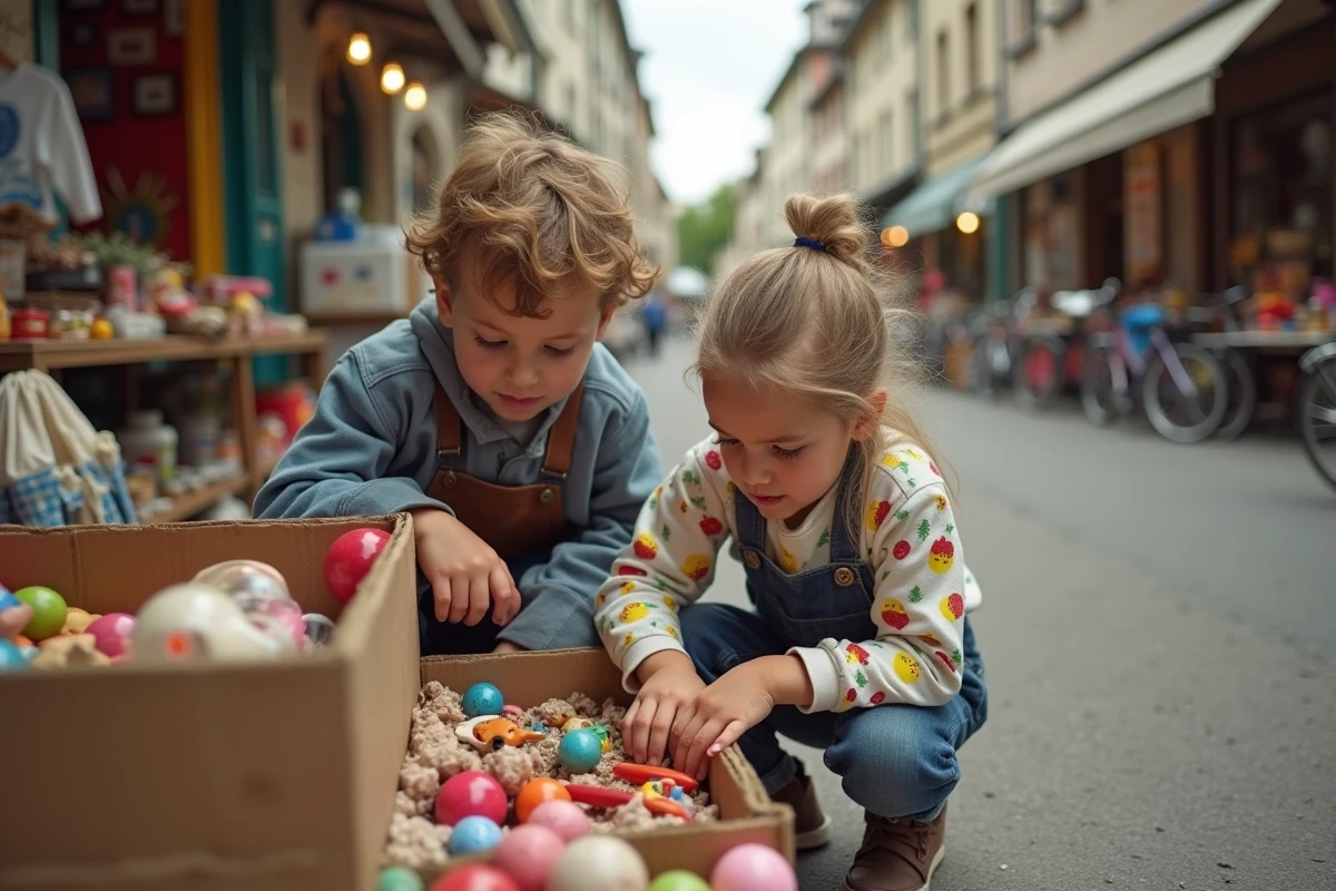 Deux enfants regardent des jouets anciens dans un vide grenier en plein air