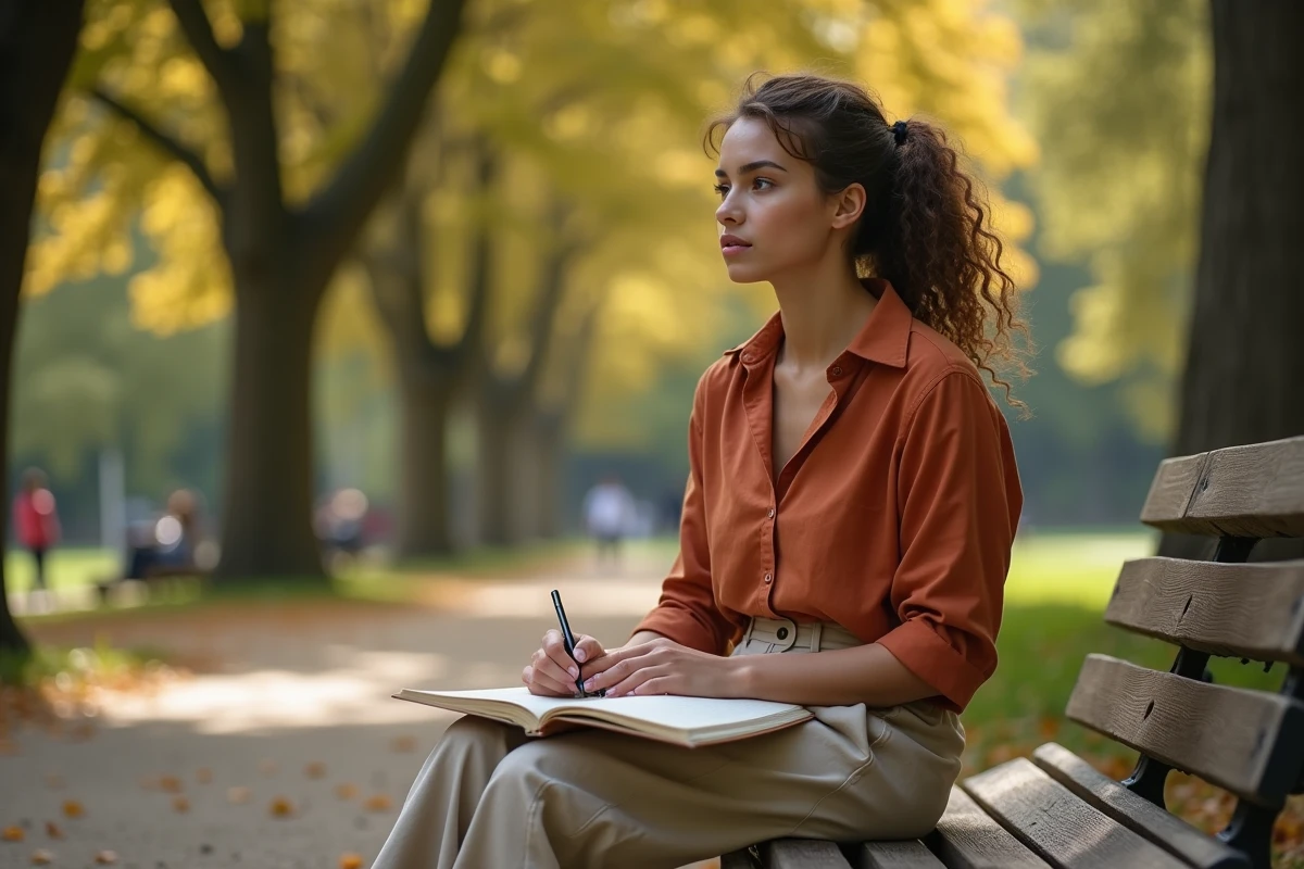 Jeune femme ENFJ en introspection dans un parc urbain, tenant un journal personnel avec une expression sereine