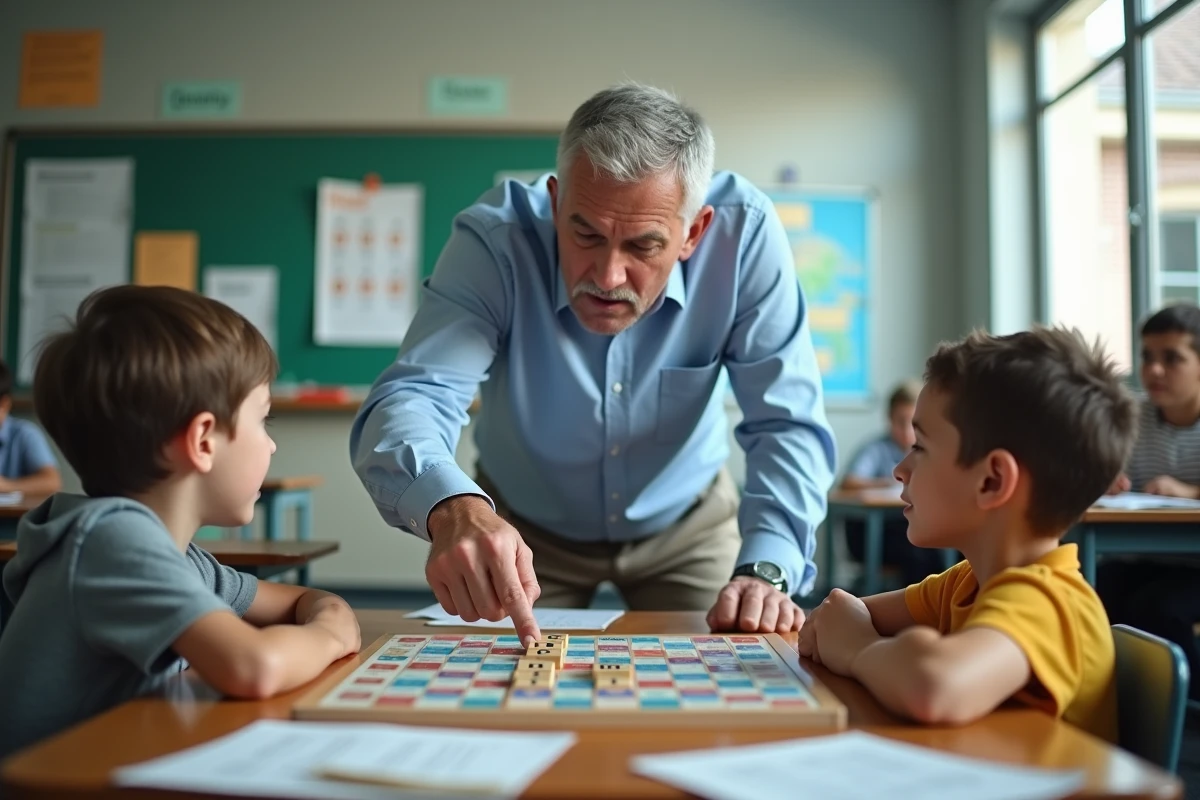 Enseignant expliquant les règles du Scrabble à des enfants autour d'un plateau de jeu en classe