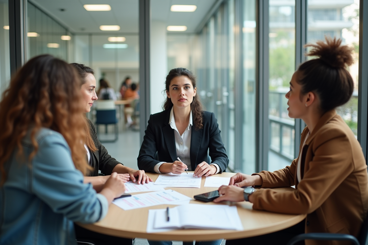 Adultes en réunion dans un bureau scolaire avec documents et échanges