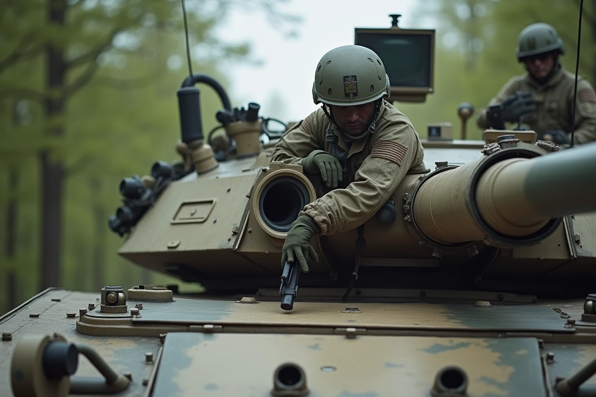 Membre d'équipage en combinaison de char émergeant de la tourelle d'un M1A1 Abrams, détail de l'armure Chobham et marquages militaires en forêt européenne