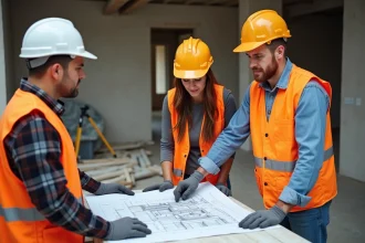 Equipe de construction avec plans sur un site en rénovation