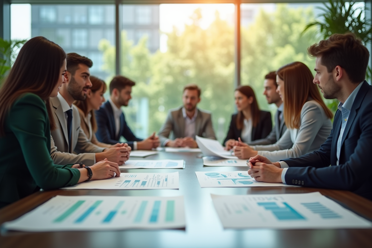 Groupe de professionnels en réunion avec infographies durabilite