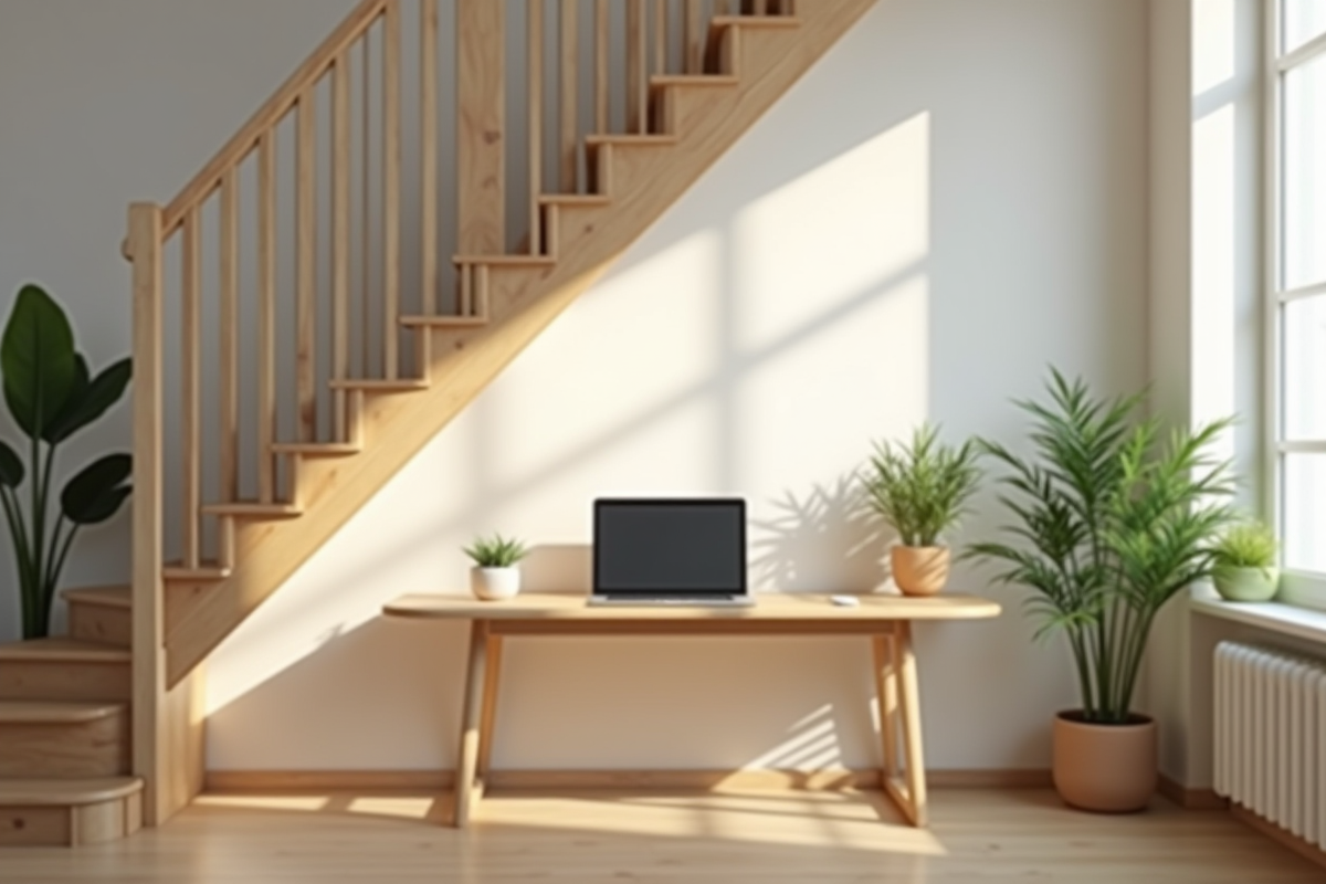 Espace de travail moderne sous un escalier en bois avec plante